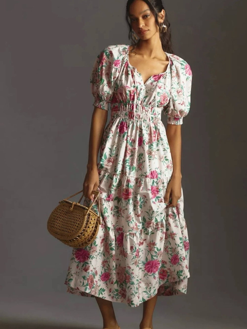 Anthropologie Somerset White Maxi Dress with Pink Floral Print and Puff Sleeves